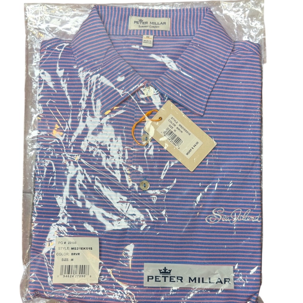 Peter Millar Summer Comfort Sea Island Polo Shirt Blue Pink Stripe NWT M $94